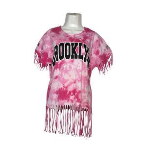 On Fire Women’s 2X Pink Tie Dye Brooklyn NY Fringe T-Shirt Boho Festival Cotton